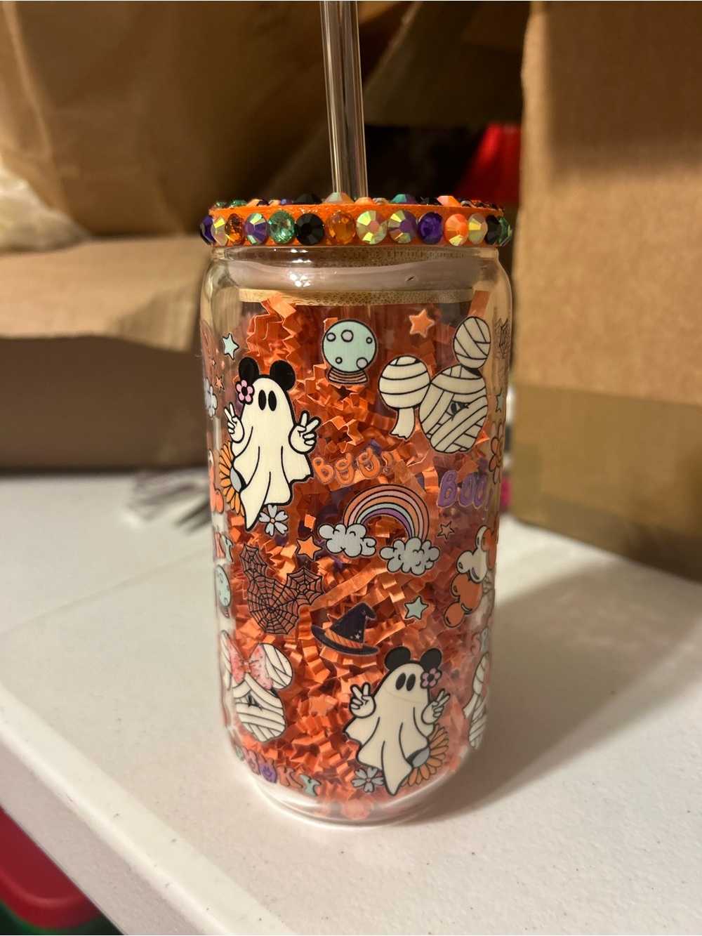 Halloween Ghost Confetti Tumbler Cup with Straw - Orange